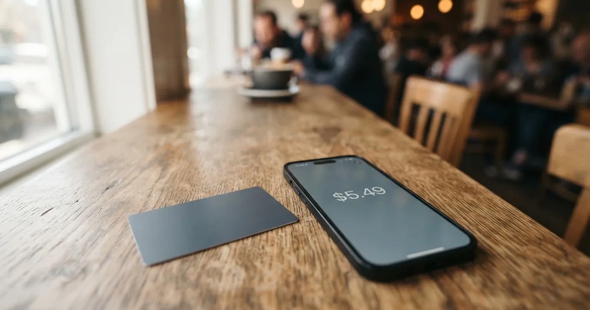 A payment card next to a phone with a crypto wallet app open