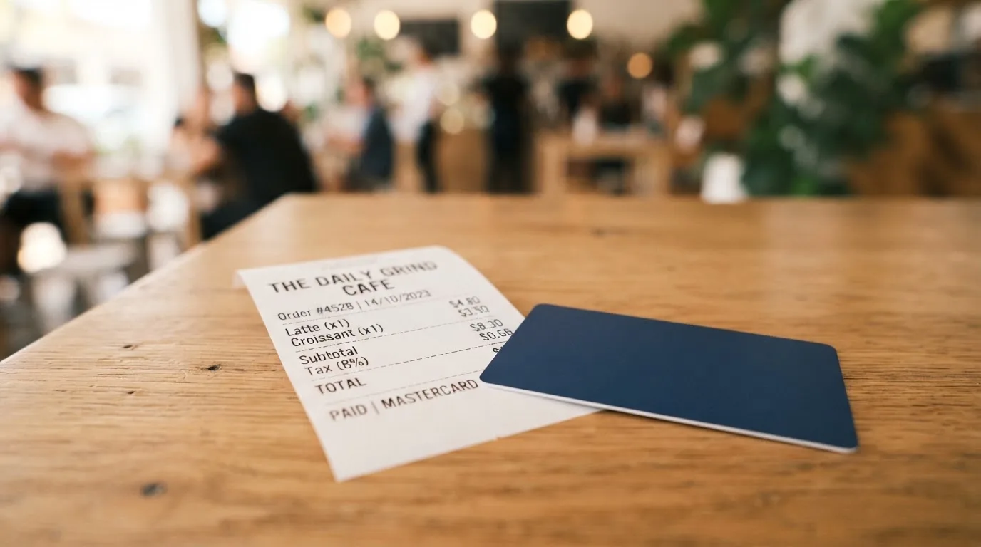 A receipt and a card on a café table