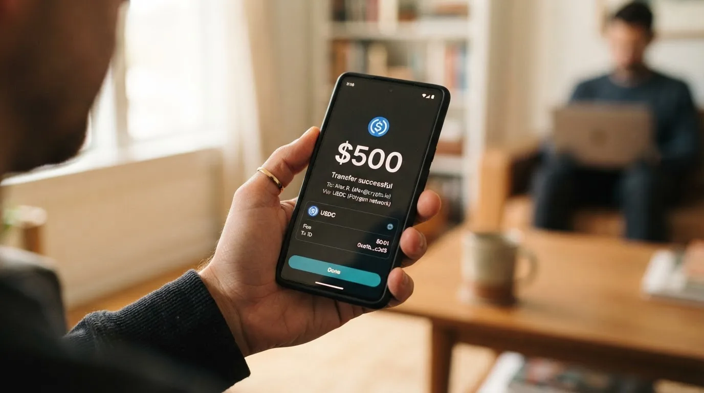 A phone showing a stablecoin transfer screen
