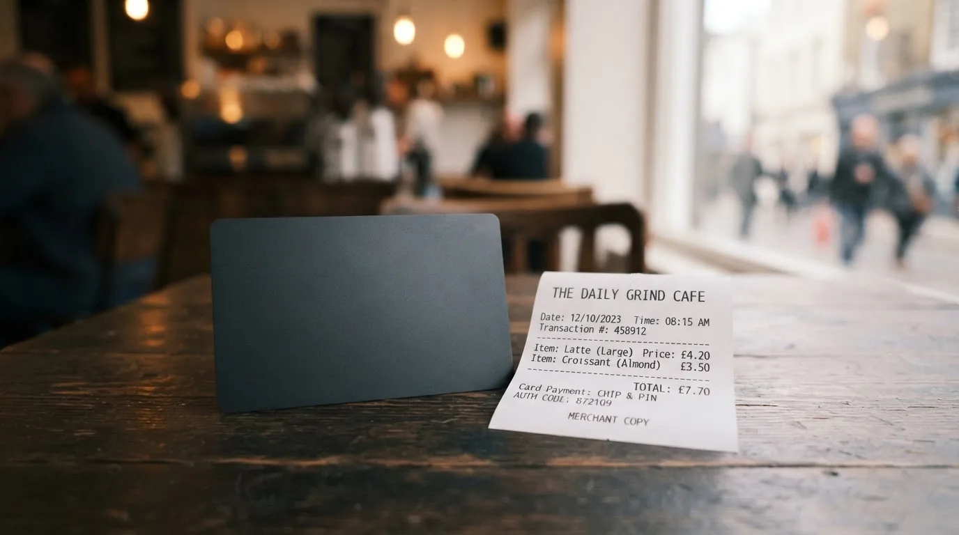 A receipt and a card on a café table