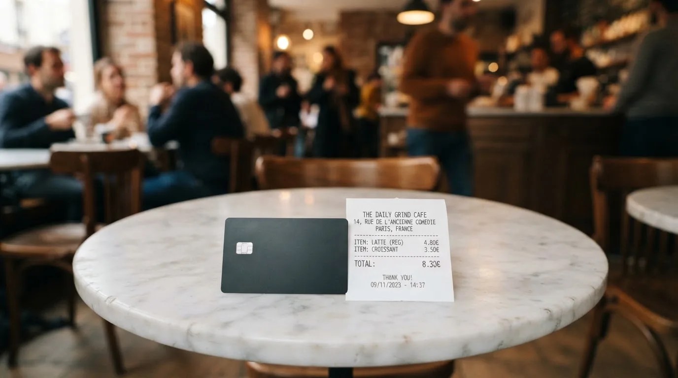 A receipt and a card on a café table