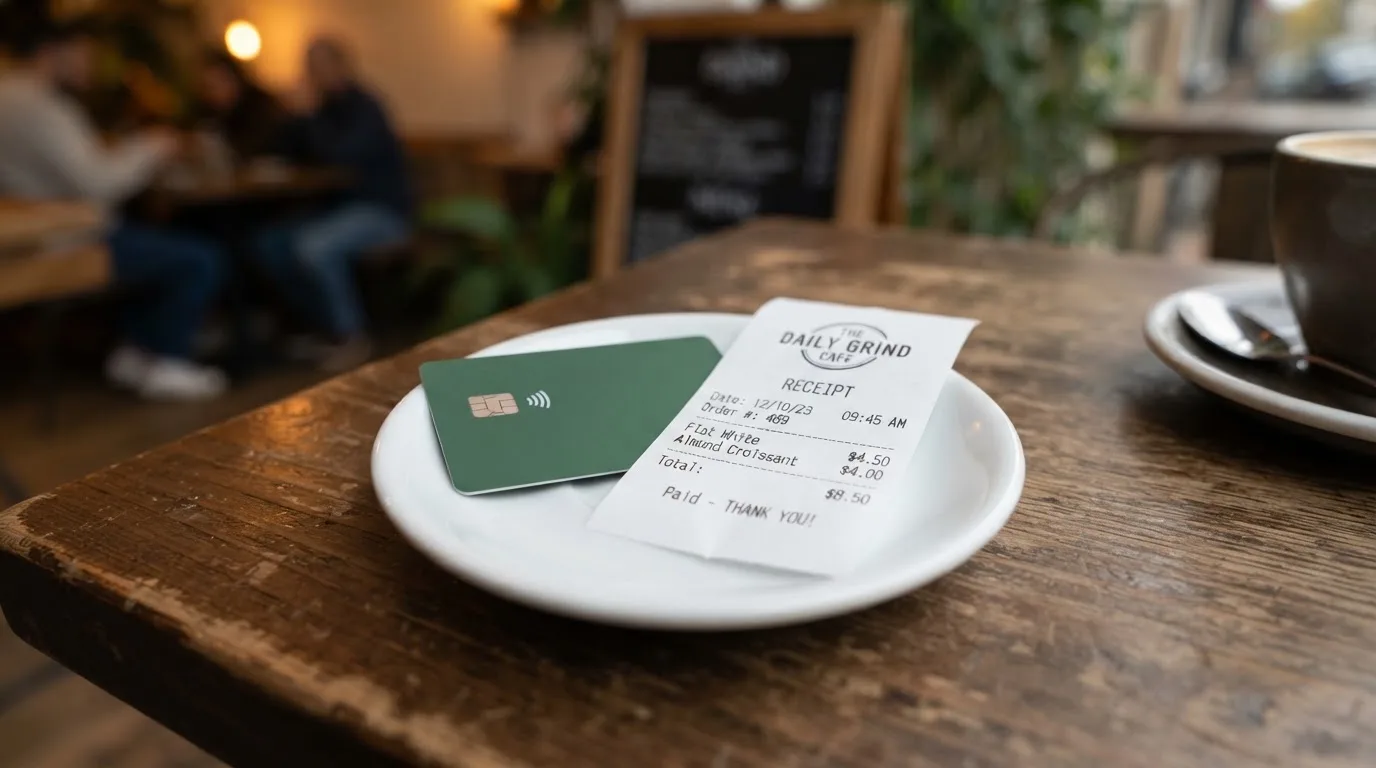 A receipt and a card on a café table