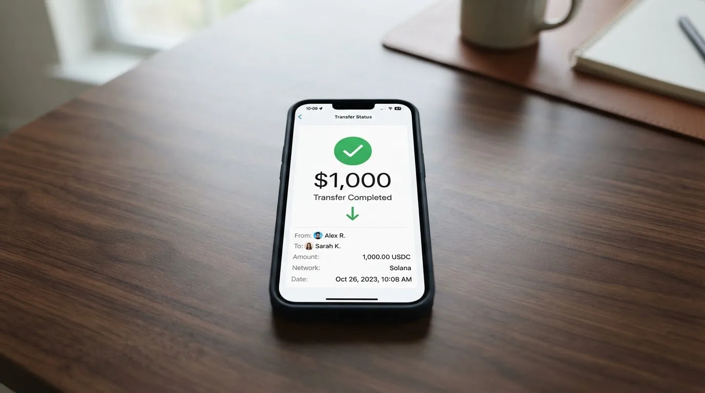 A phone showing a stablecoin transfer screen