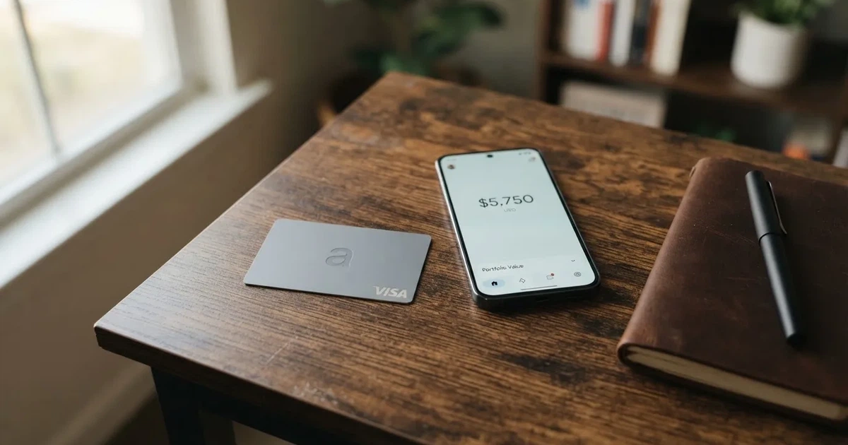 A payment card next to a phone with a crypto wallet app open