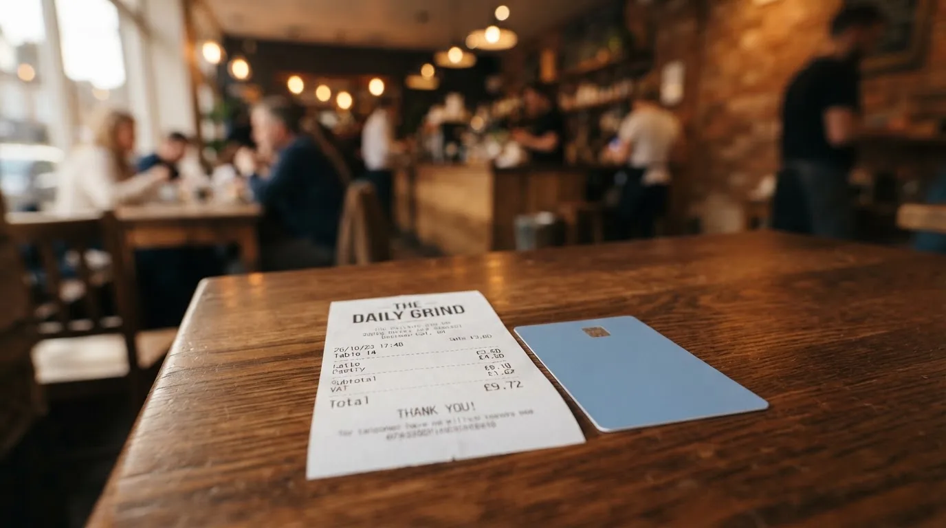 A receipt and a card on a café table