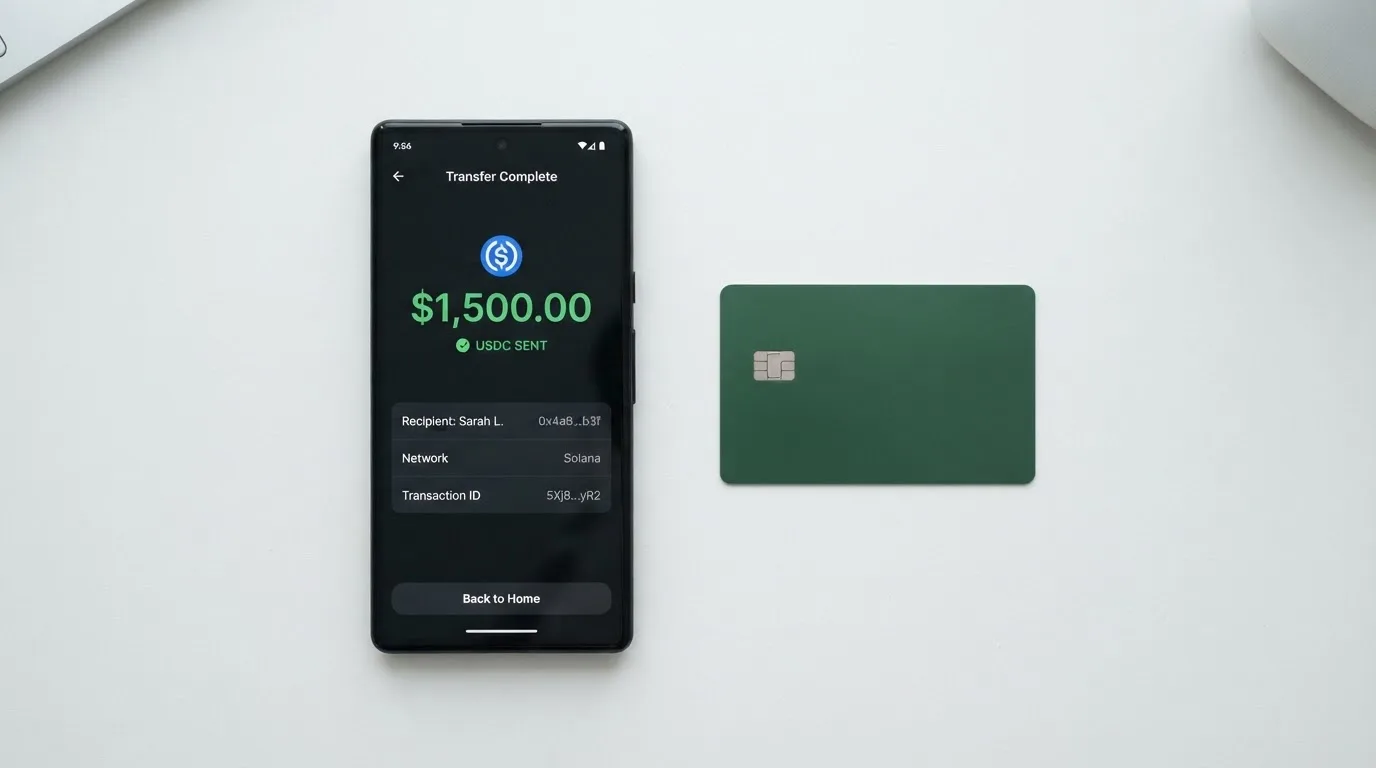 A phone showing a stablecoin transfer screen
