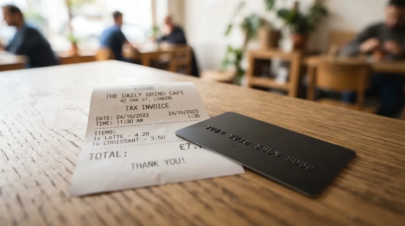 A receipt and a card on a café table