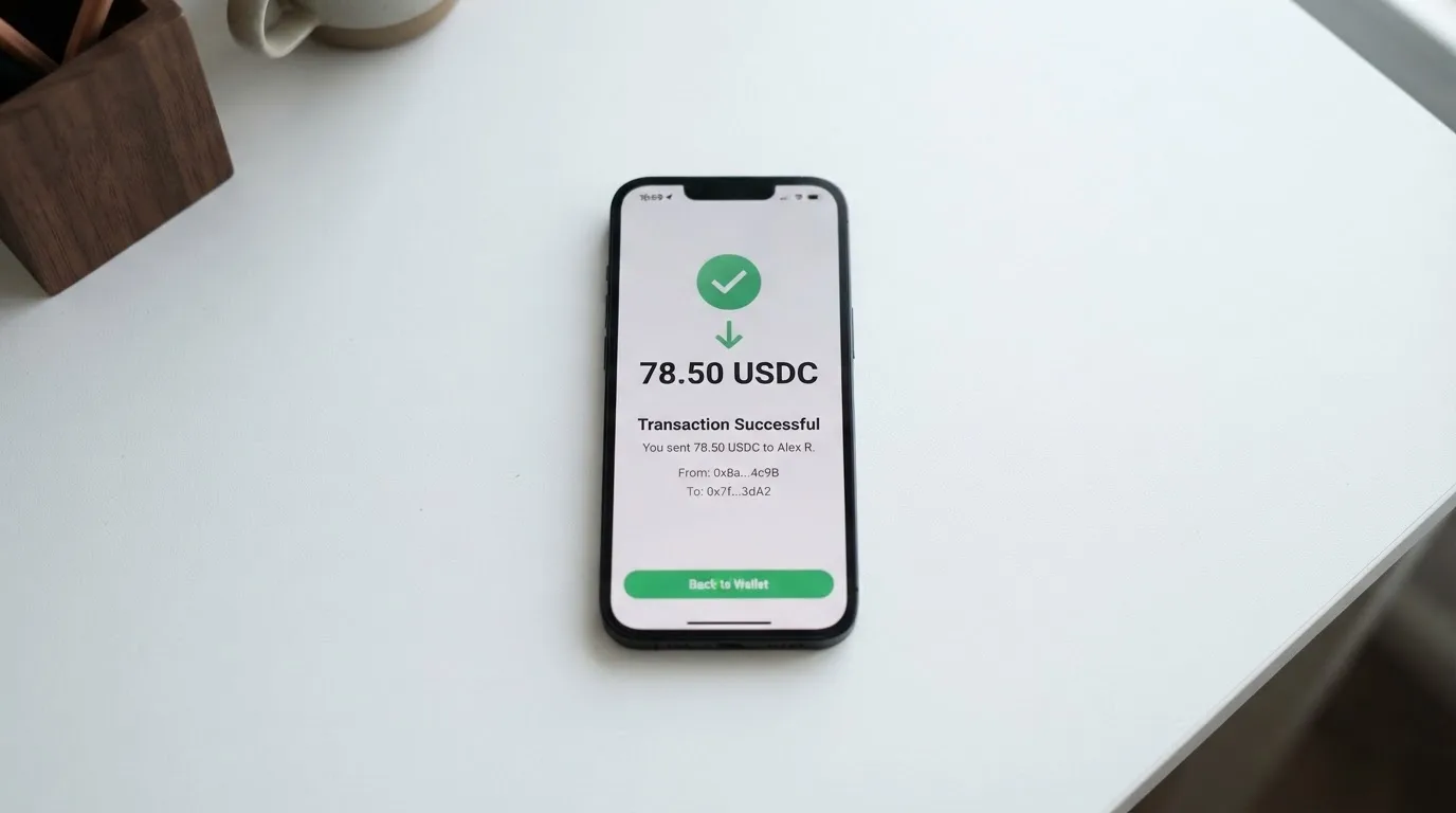 A phone showing a stablecoin transfer screen