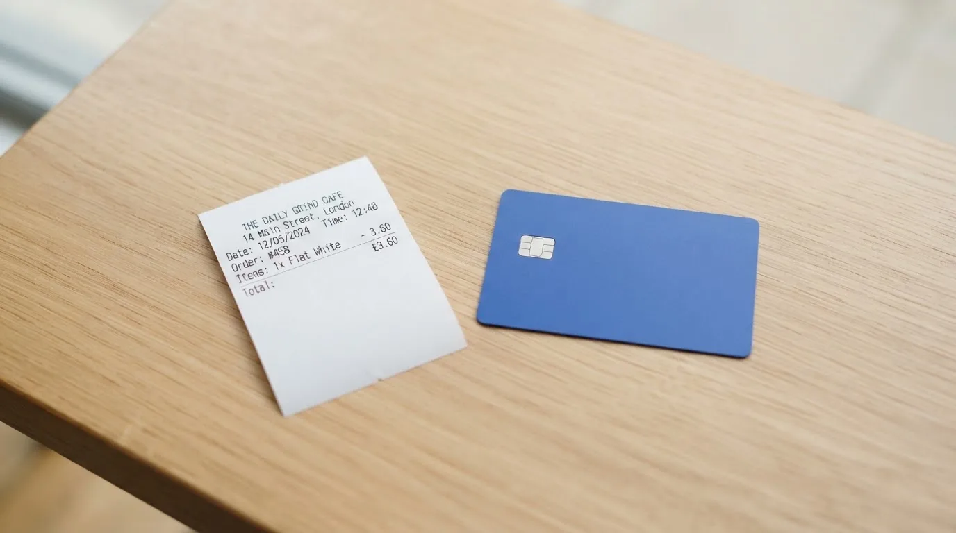 A receipt and a card on a café table