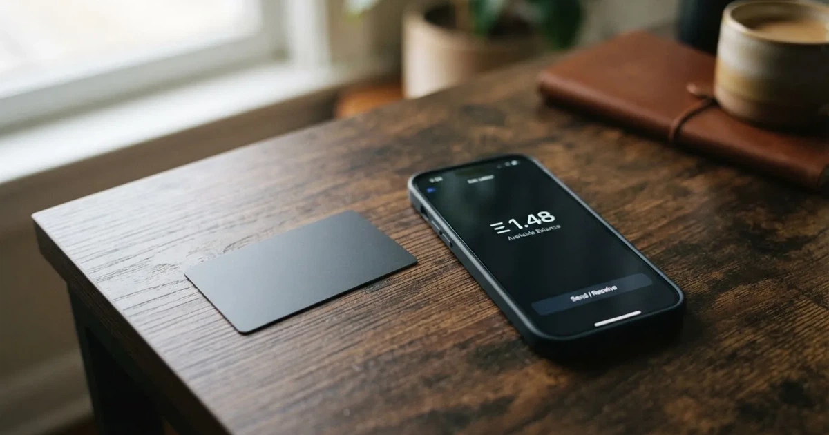 A payment card next to a phone with a crypto wallet app open