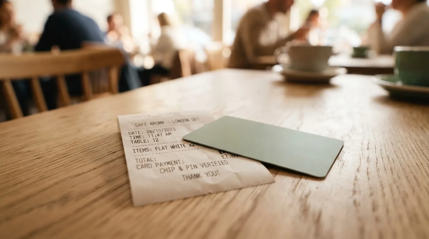 A receipt and a card on a café table