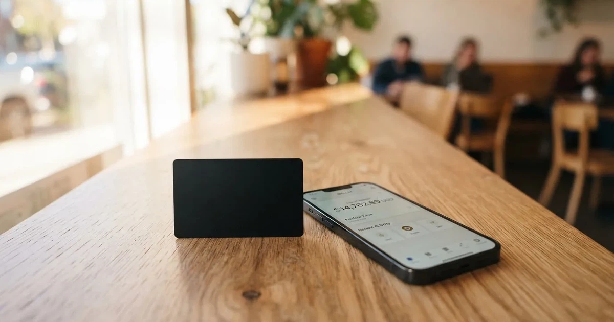 A payment card next to a phone with a crypto wallet app open