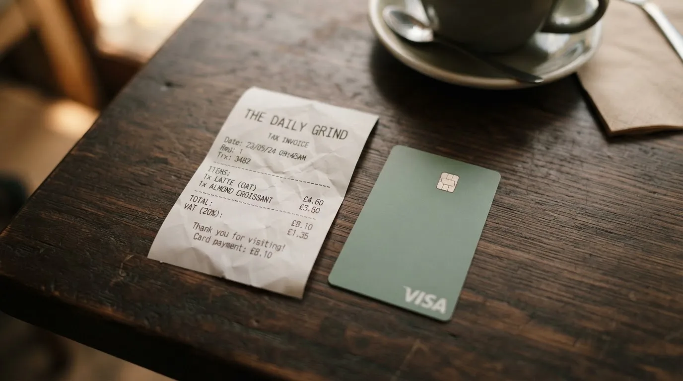 A receipt and a card on a café table