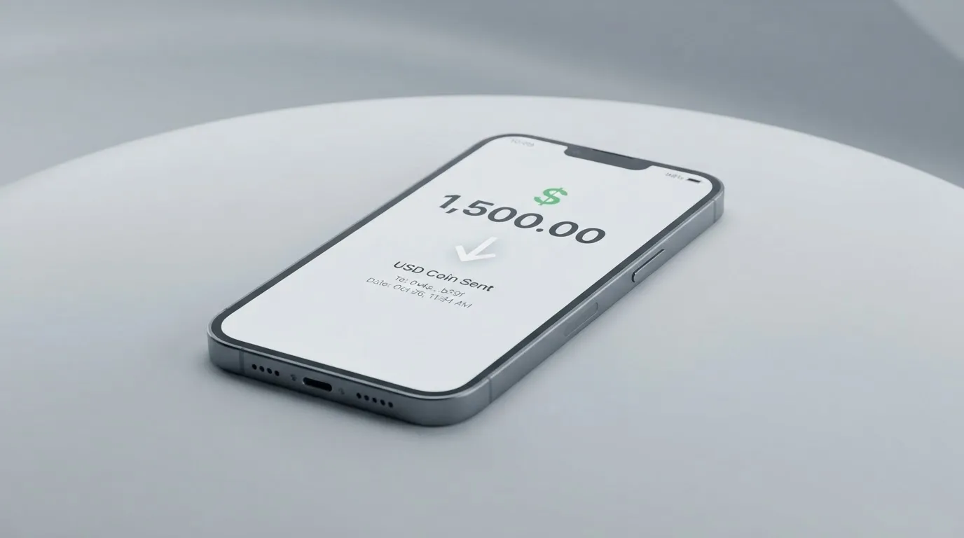 A phone showing a stablecoin transfer screen
