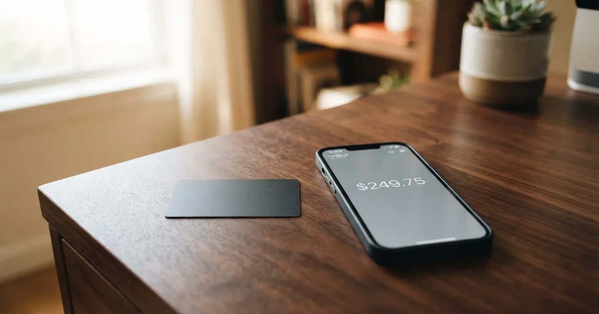 A payment card next to a phone with a crypto wallet app open