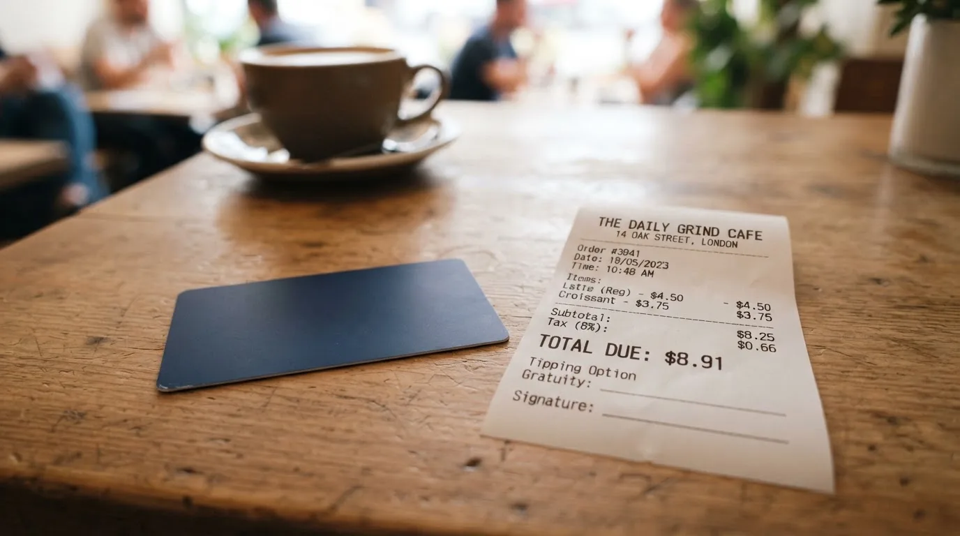 A receipt and a card on a café table