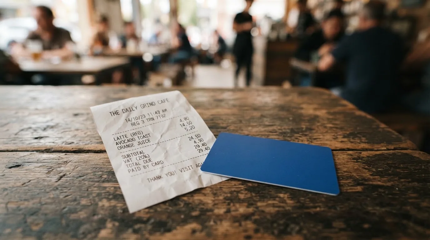 A receipt and a card on a café table