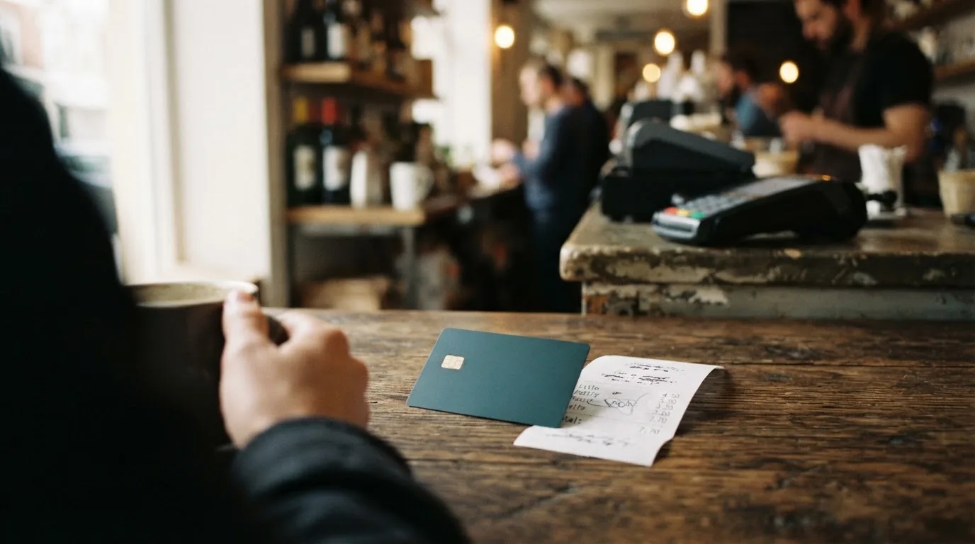A receipt and a card on a café table