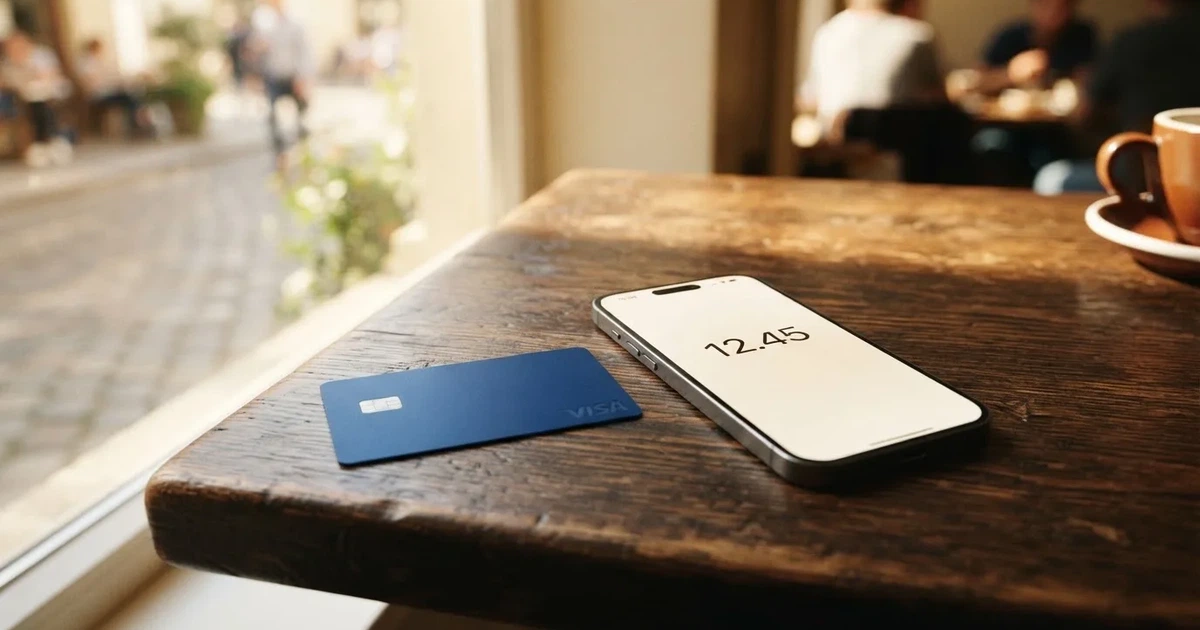 A payment card next to a phone with a crypto wallet app open