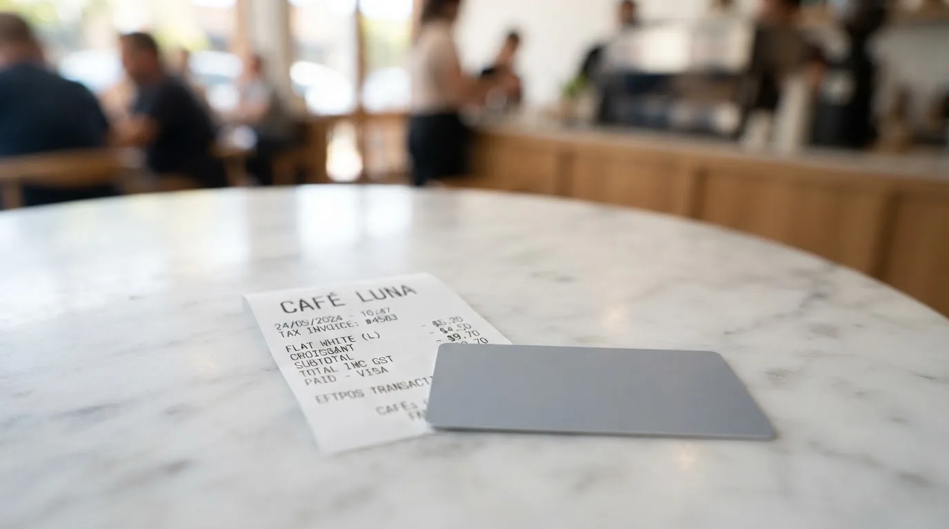 A receipt and a card on a café table