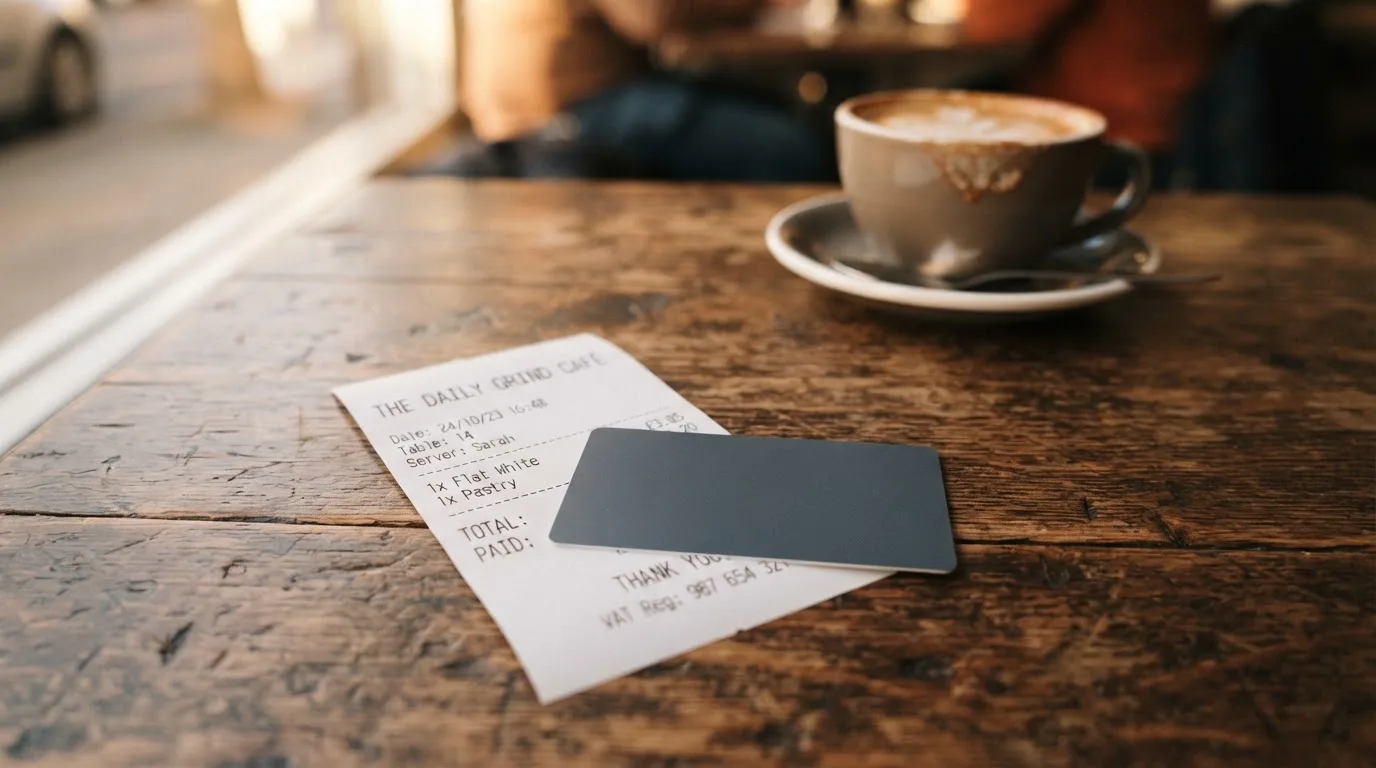 A receipt and a card on a café table