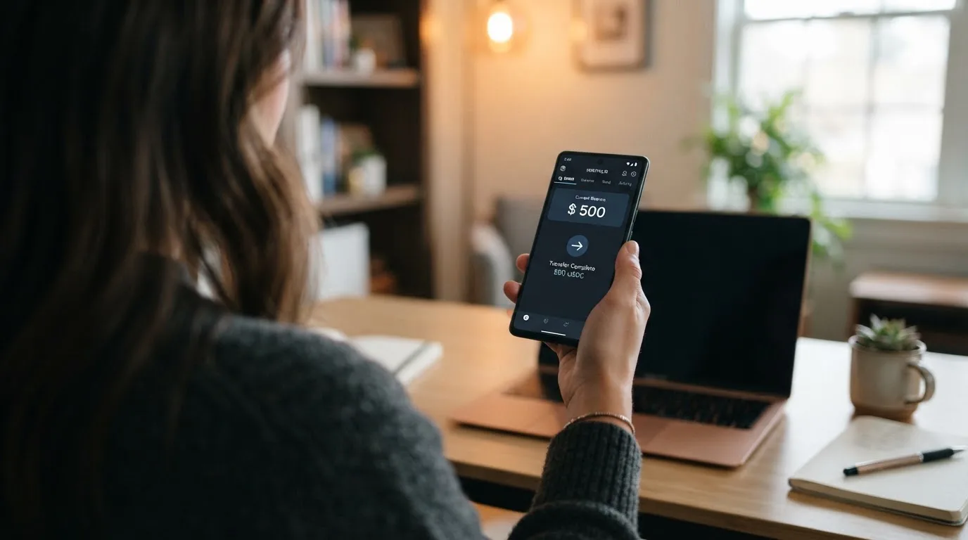 A phone showing a stablecoin transfer screen