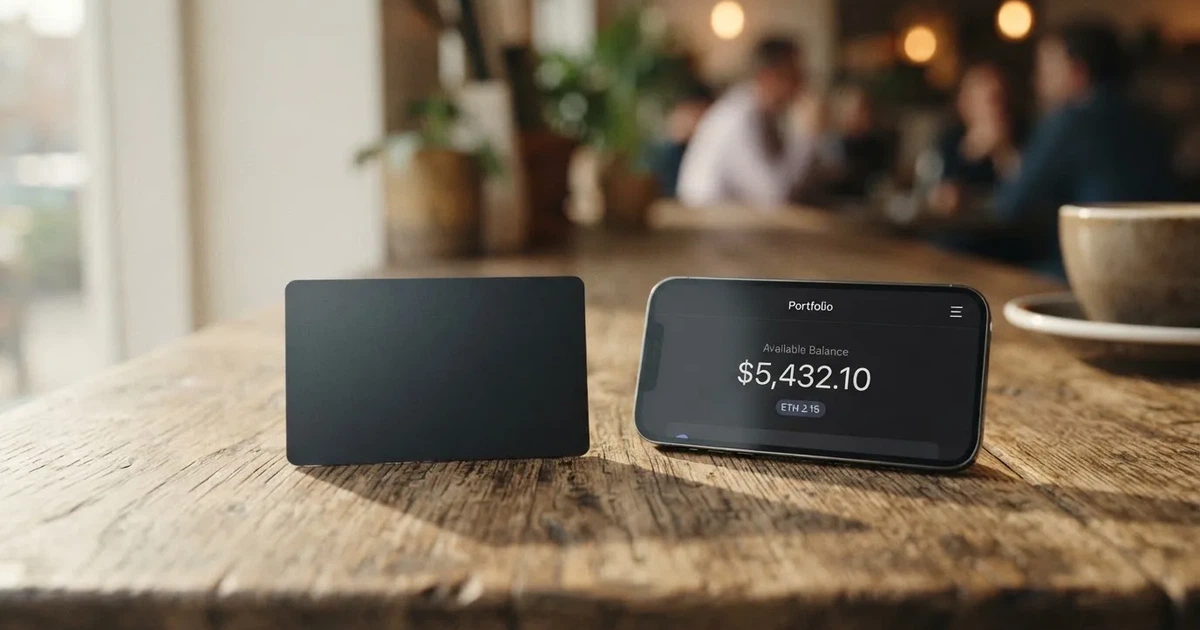 A payment card next to a phone with a crypto wallet app open