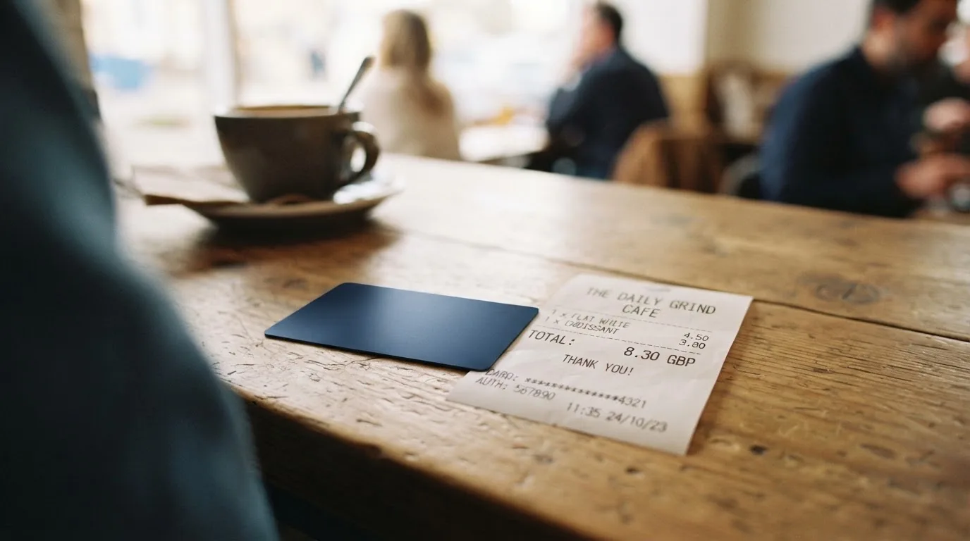 A receipt and a card on a café table
