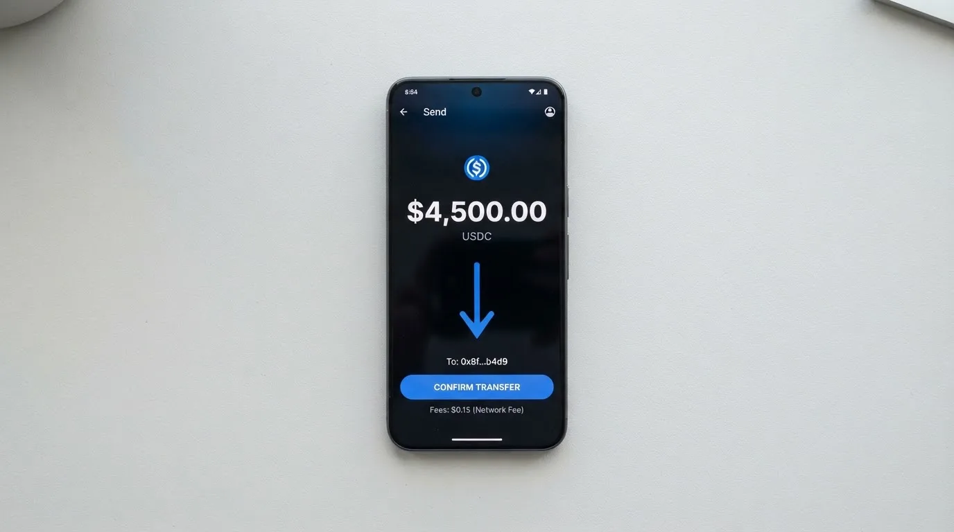 A phone showing a stablecoin transfer screen