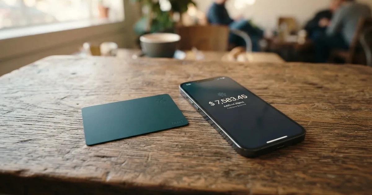 A payment card next to a phone with a crypto wallet app open