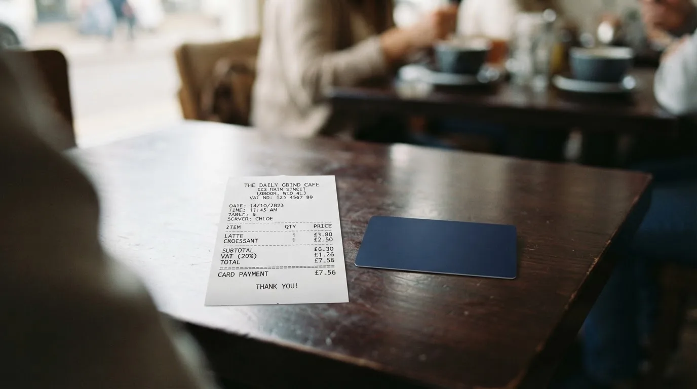 A receipt and a card on a café table