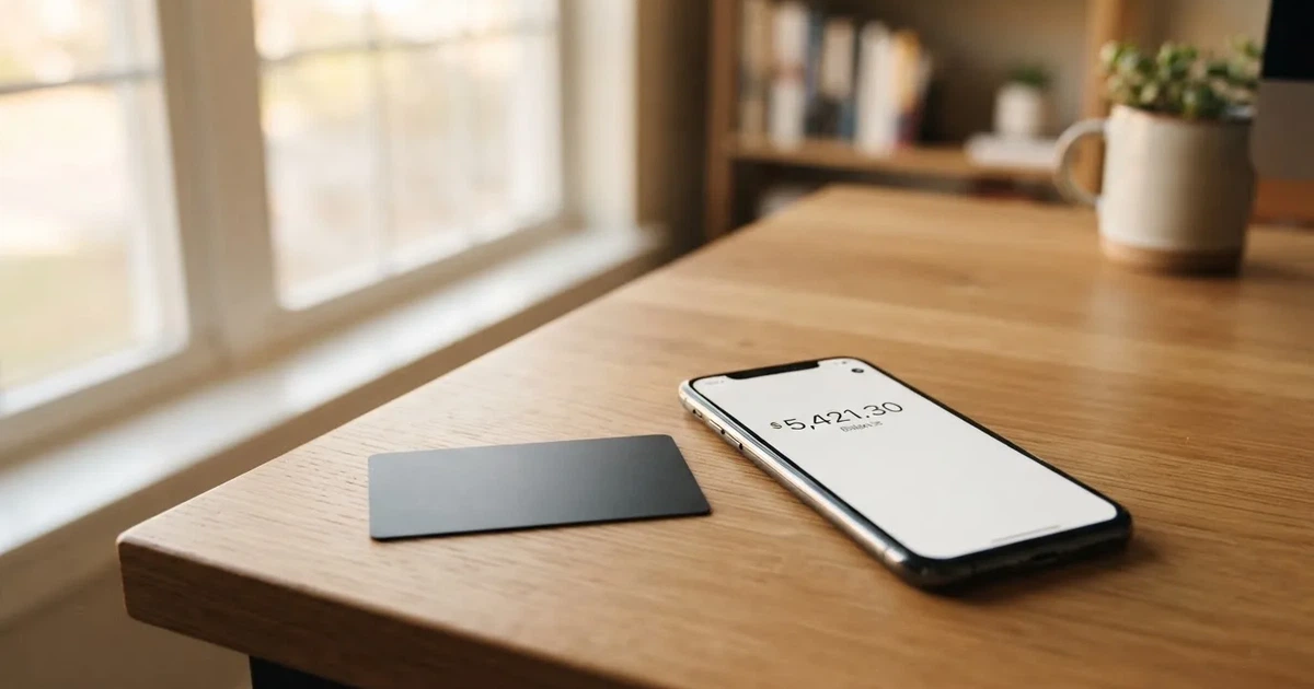 A payment card next to a phone with a crypto wallet app open
