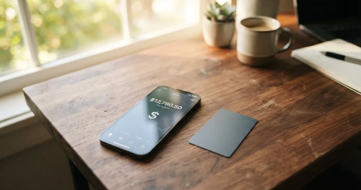 A payment card next to a phone with a crypto wallet app open