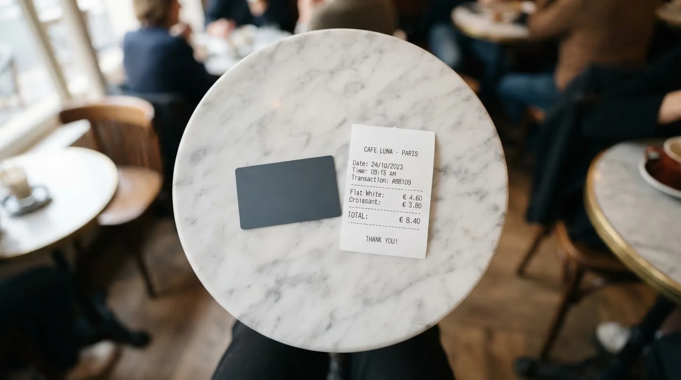 A receipt and a card on a café table