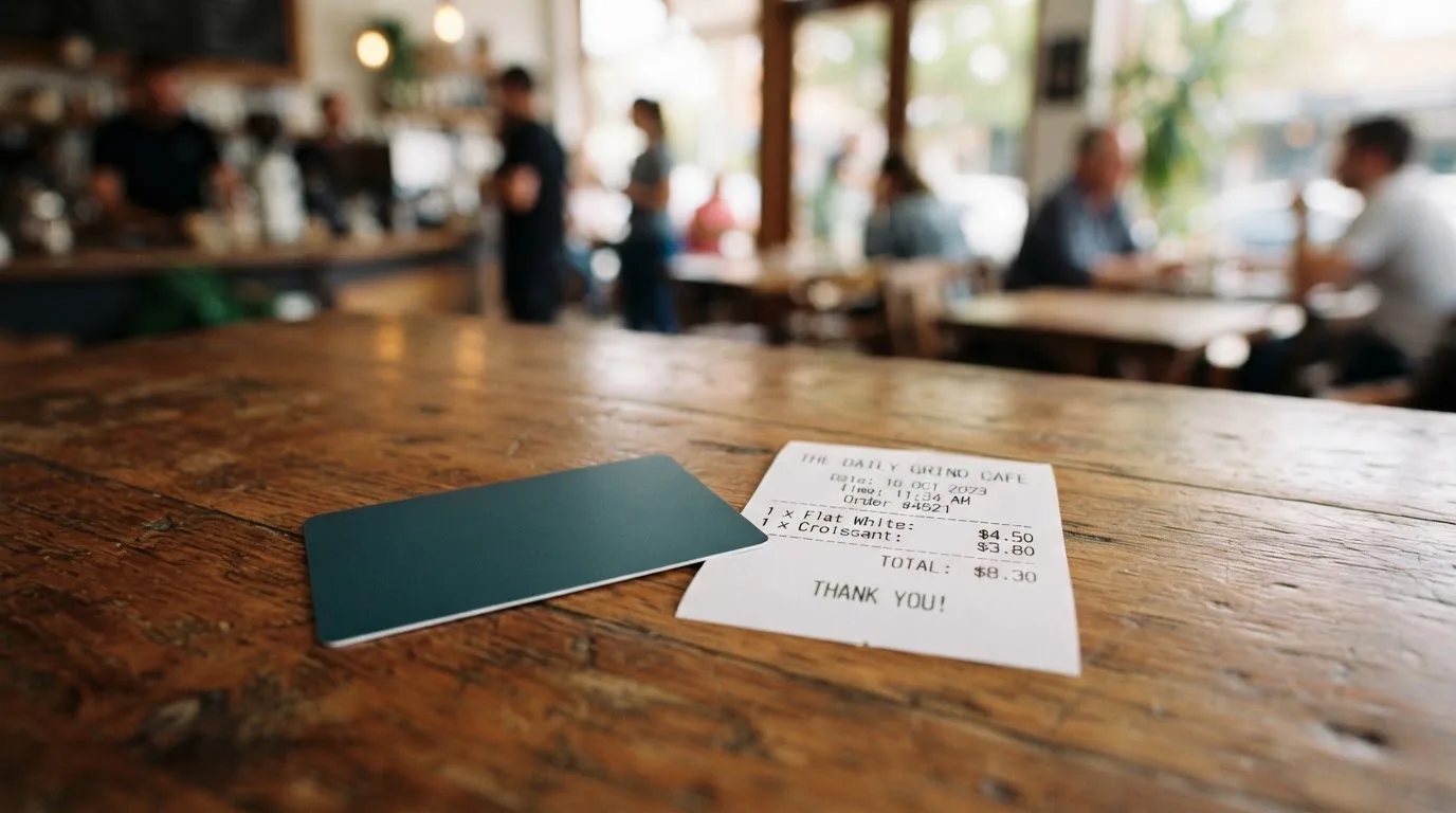 A receipt and a card on a café table