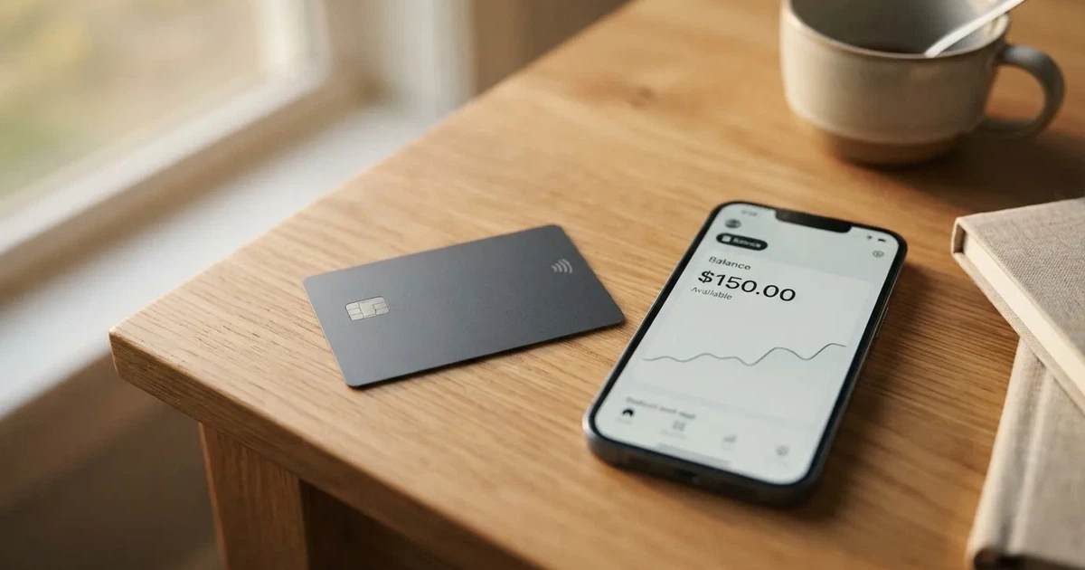 A payment card next to a phone with a crypto wallet app open
