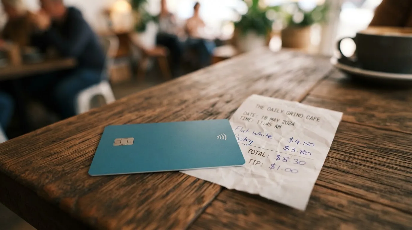 A receipt and a card on a café table