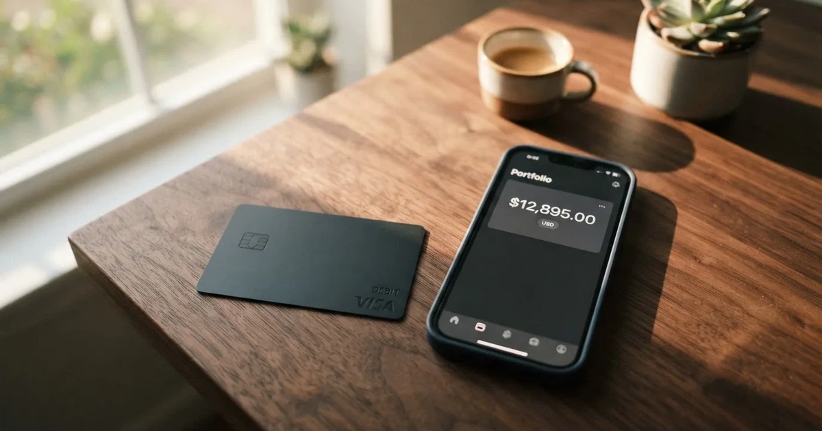 A payment card next to a phone with a crypto wallet app open