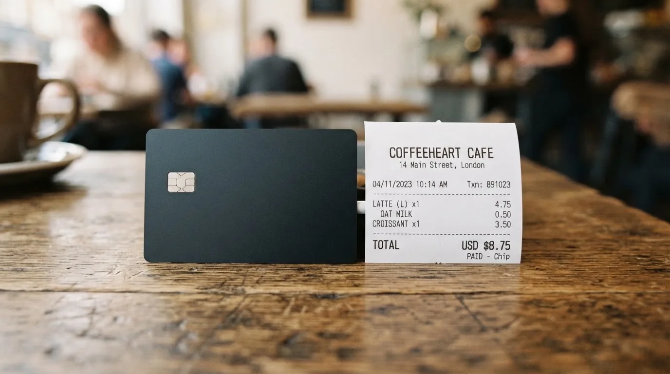 A receipt and a card on a café table