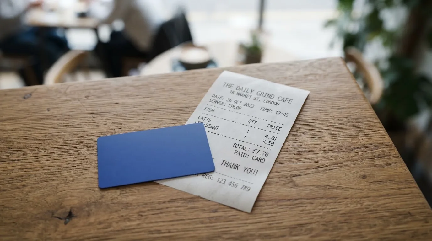A receipt and a card on a café table