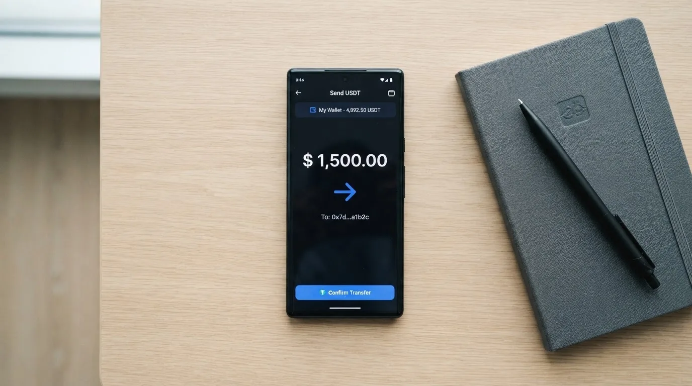 A phone showing a stablecoin transfer screen