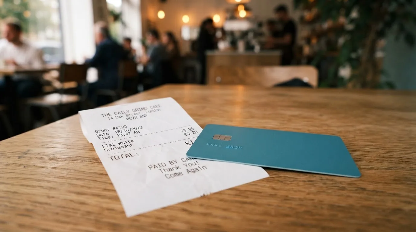 A receipt and a card on a café table