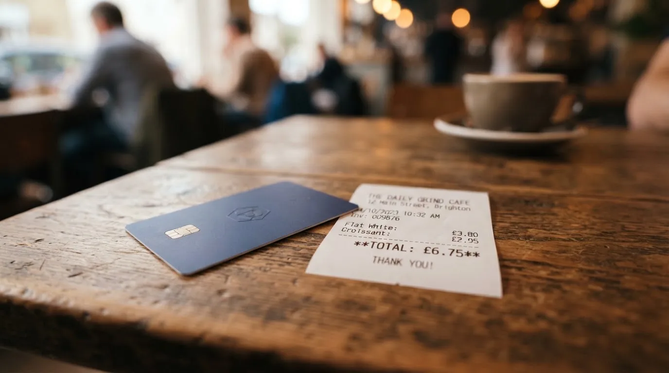 A receipt and a card on a café table