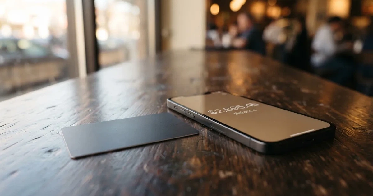 A payment card next to a phone with a crypto wallet app open