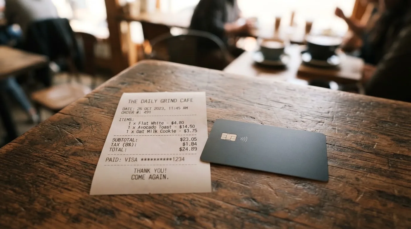 A receipt and a card on a café table