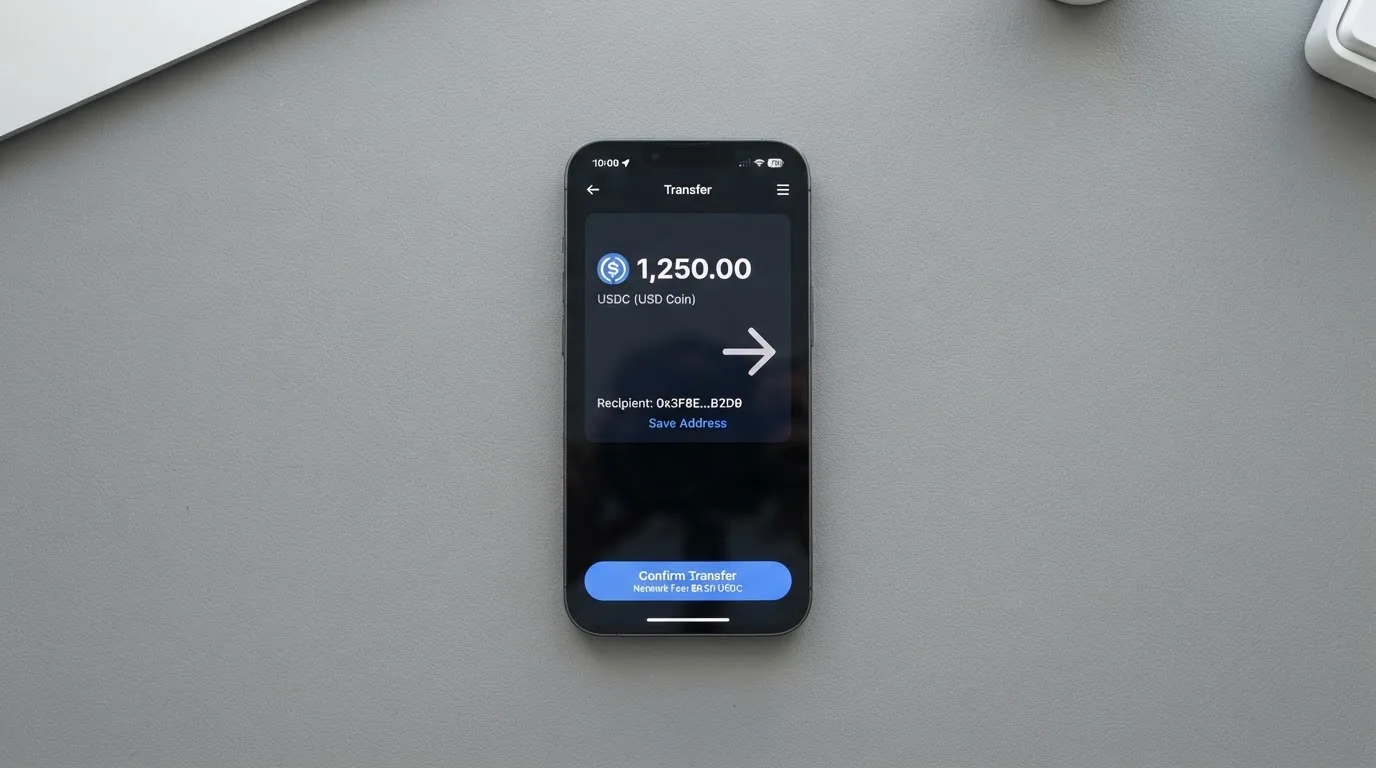 A phone showing a stablecoin transfer screen