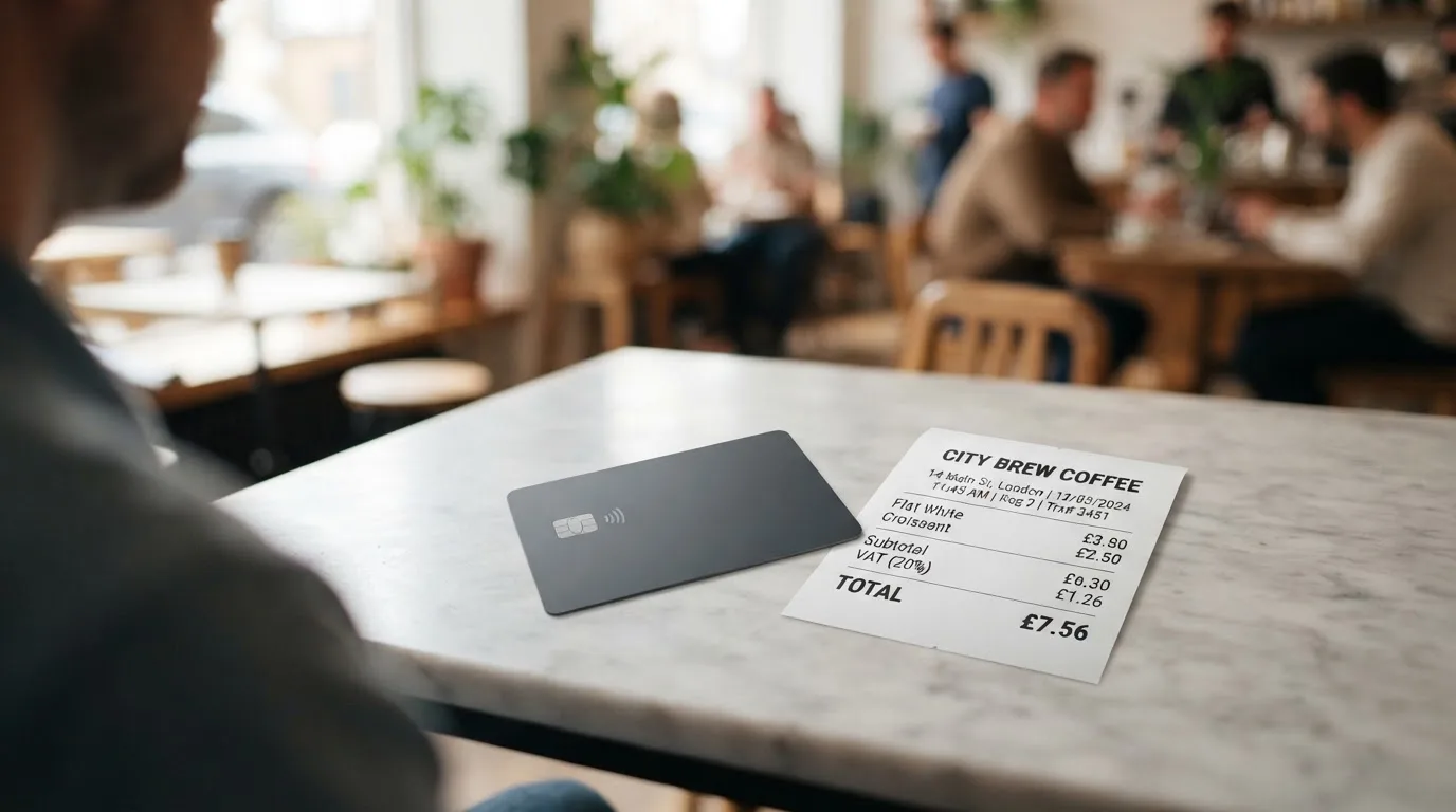 A receipt and a card on a café table
