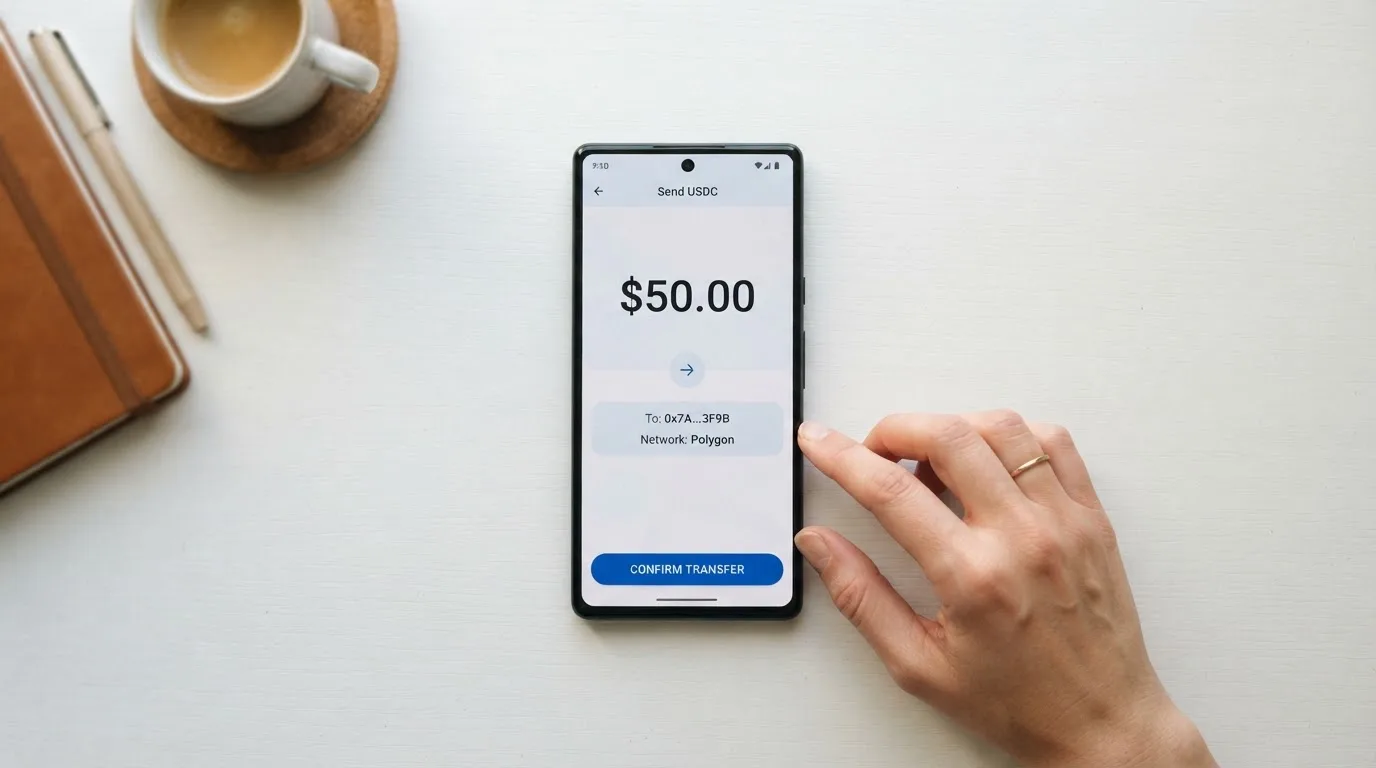 A phone showing a stablecoin transfer screen