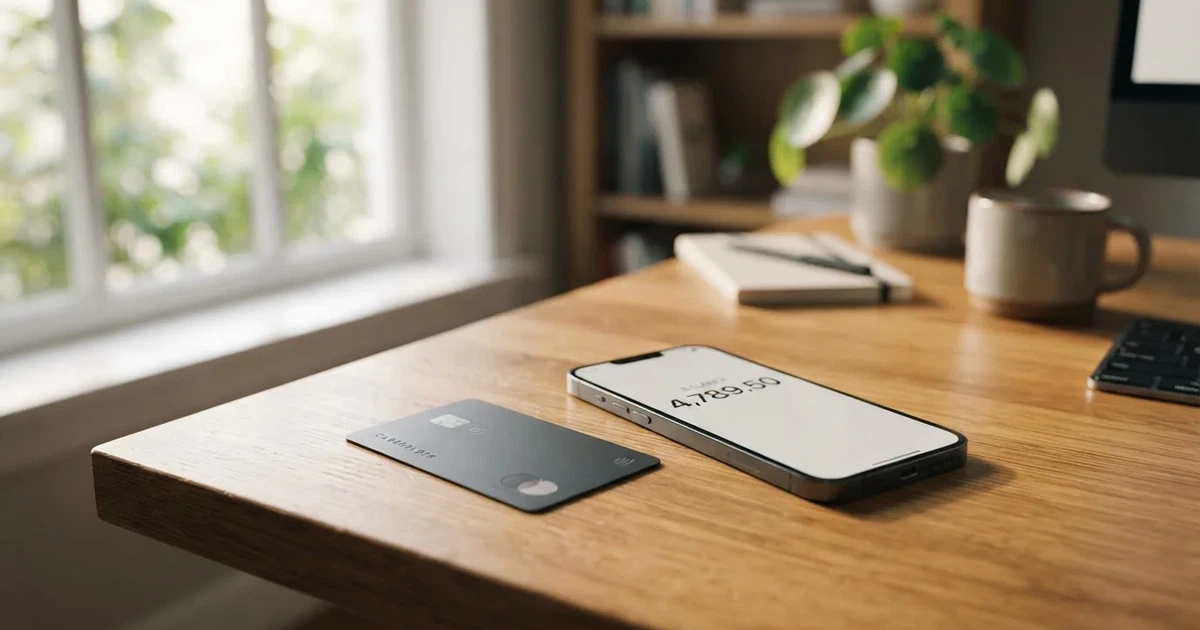 A payment card next to a phone with a crypto wallet app open