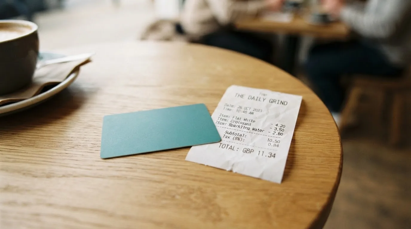 A receipt and a card on a café table